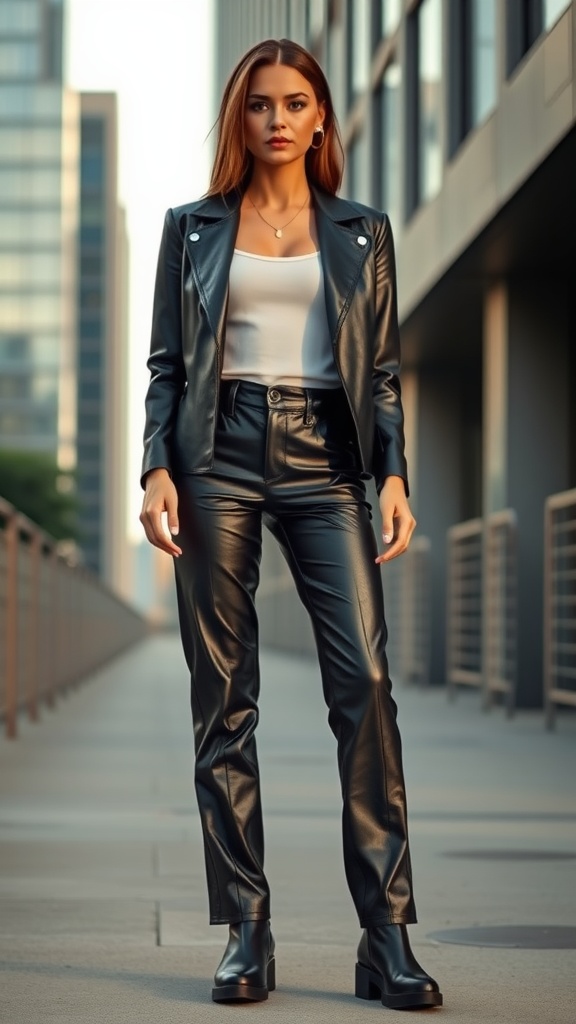 Chic 90s straight vegan leather pants styled with a fitted top in an urban setting.